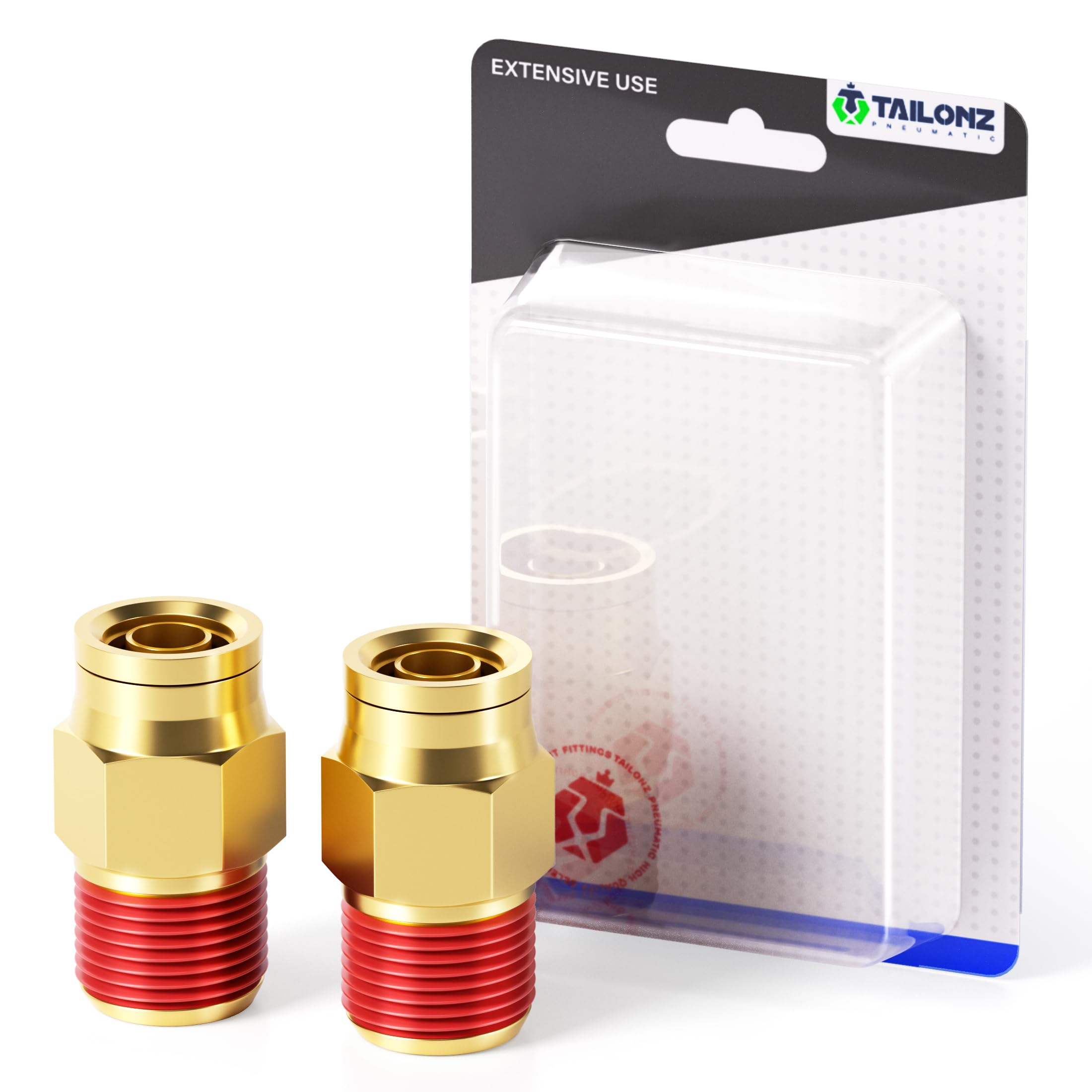 TAILONZ PNEUMATIC 1/2" Tube OD x 3/8" NPT Thread DOT Straight Out Pipe Air Fittings, Push to Connect Fittings Air Brake Pipe Fittings for Cars, Trucks, Air Brake Systems, Etc. (Pack of 2)