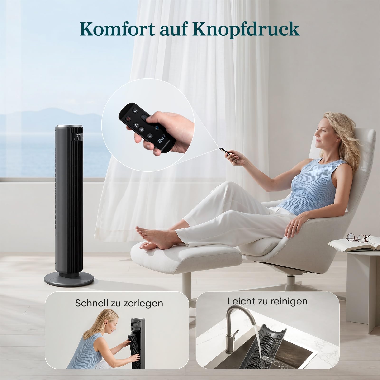 Levoit Turmventilator mit Fernbedienung, oszillierender Säulenventilator, 5 Geschwindigkeiten, 4 Modi, 12 Std Timer, 92 cm, Mattgrau