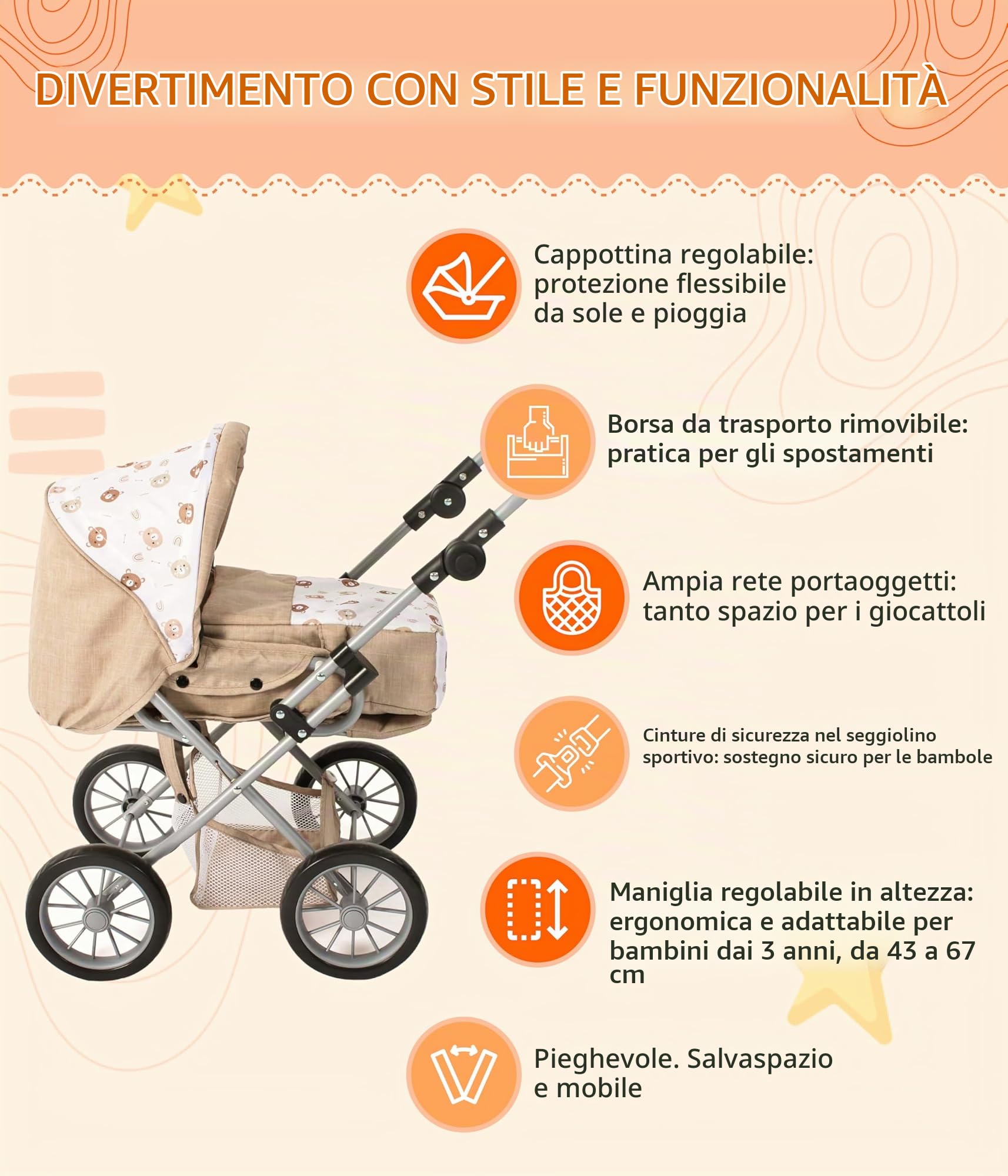 Bayer Chic 2000® Carrozzina combinata 3 in 1 Leni – orsetto beige – pieghevole, manico regolabile in altezza 43 – 67 cm, borsa per il trasporto – Bambole fino a 46 cm, a partire da 3 J