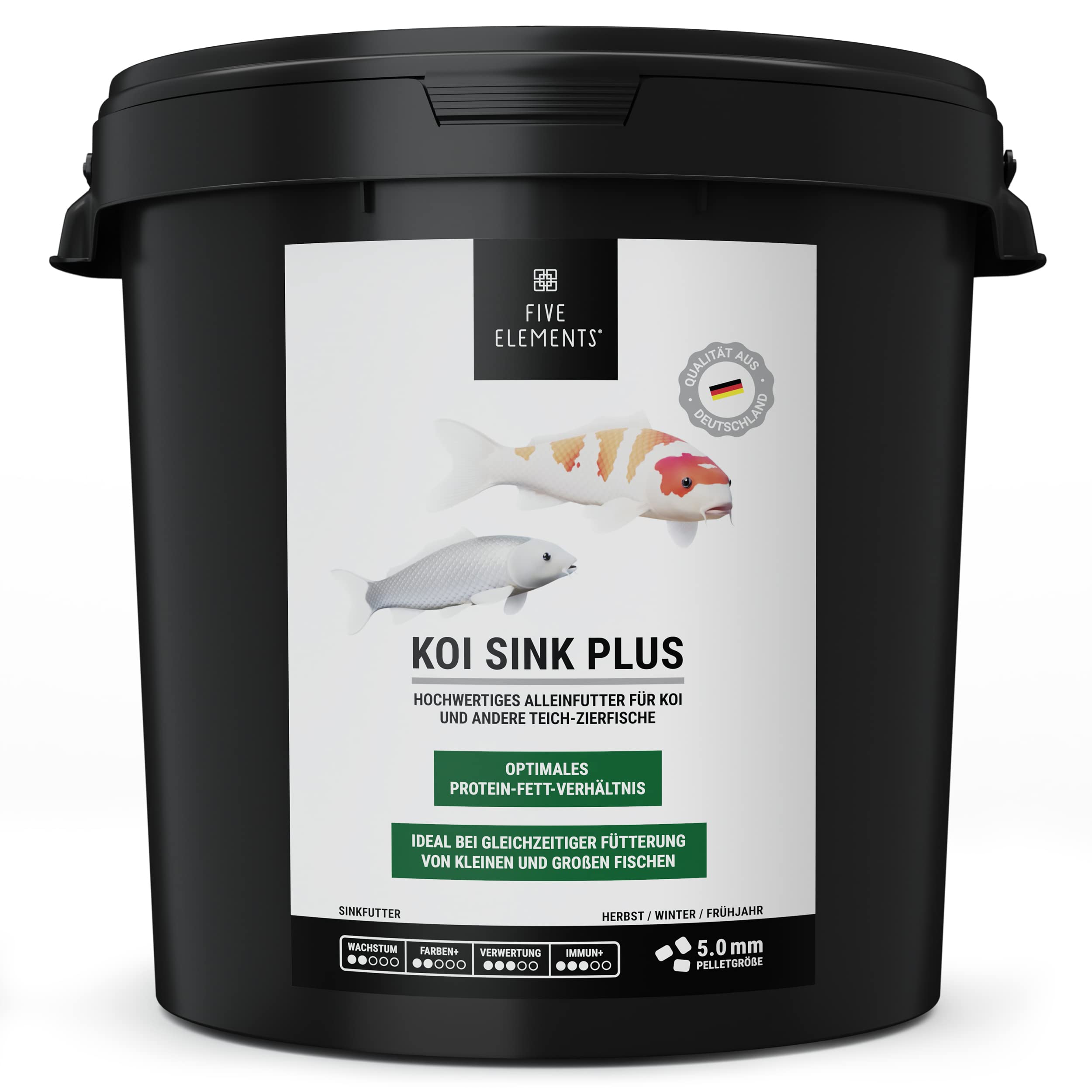 FIVE ELEMENTS® Koi Sink Plus | 9,0 kg | optimal als Frühjahr-Futter | sinkendes Koi-Futter | wiederverwendbarer Eimer