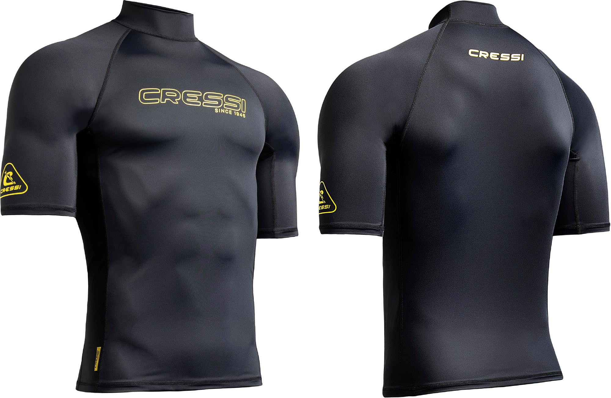 CRESSI since 1946 - Sentinel Man - Short Sleeve Rash Guard UPF 50+ Sun Protection Quick Dry Swimming, Surfing, Diving, Fishing, Beach, Pool and Water Sports - Black/Yellow - S/2 - Men's