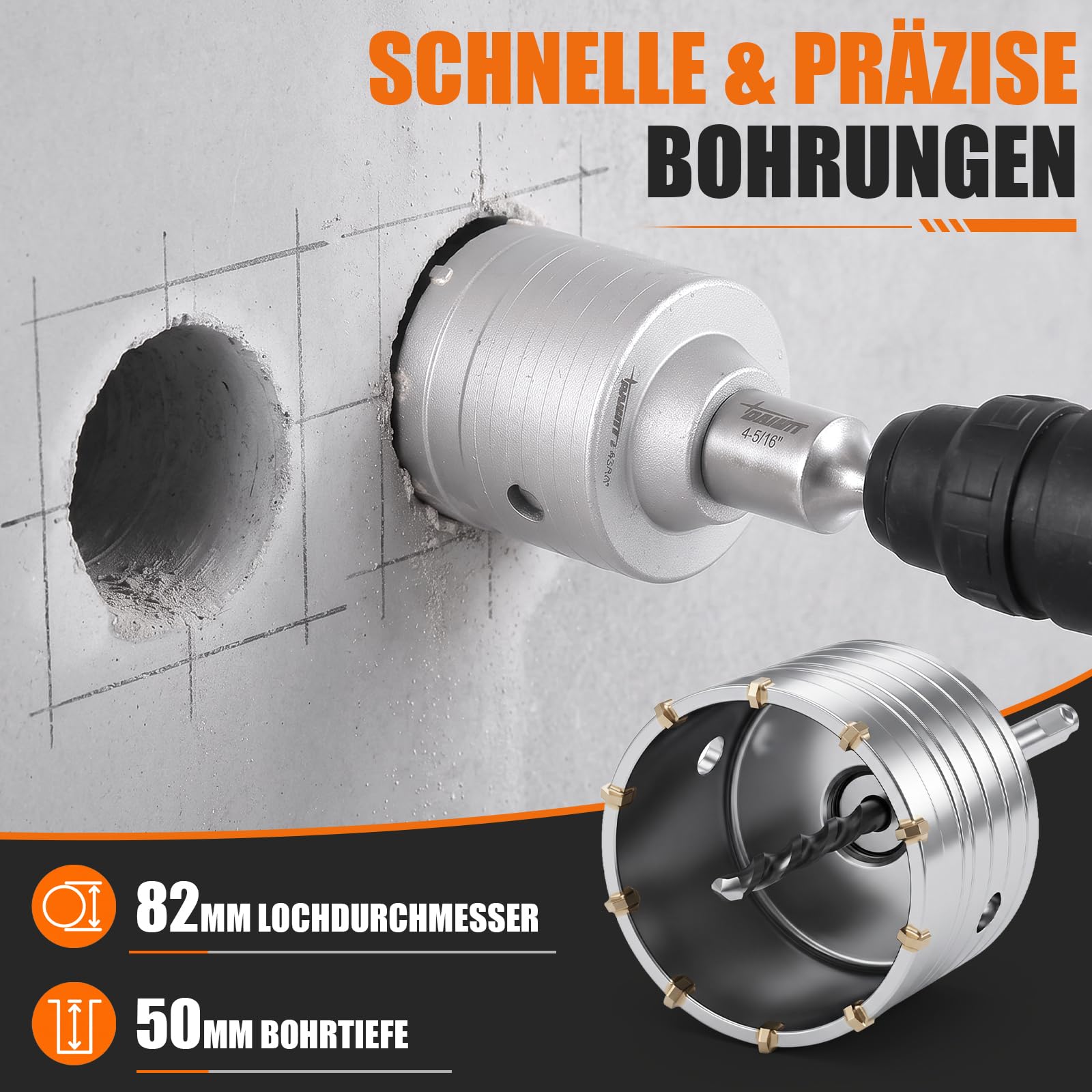 DAIMIT Kit de Trépan à Béton 32 Pièces avec 3 Mèches et Mandrin SDS Plus & Max, Ensemble de Trépans pour Perçage de Murs en Ciment, Briques et Pierre, Tailles du Kit 25 30 40 50 68 82 100 110 mm