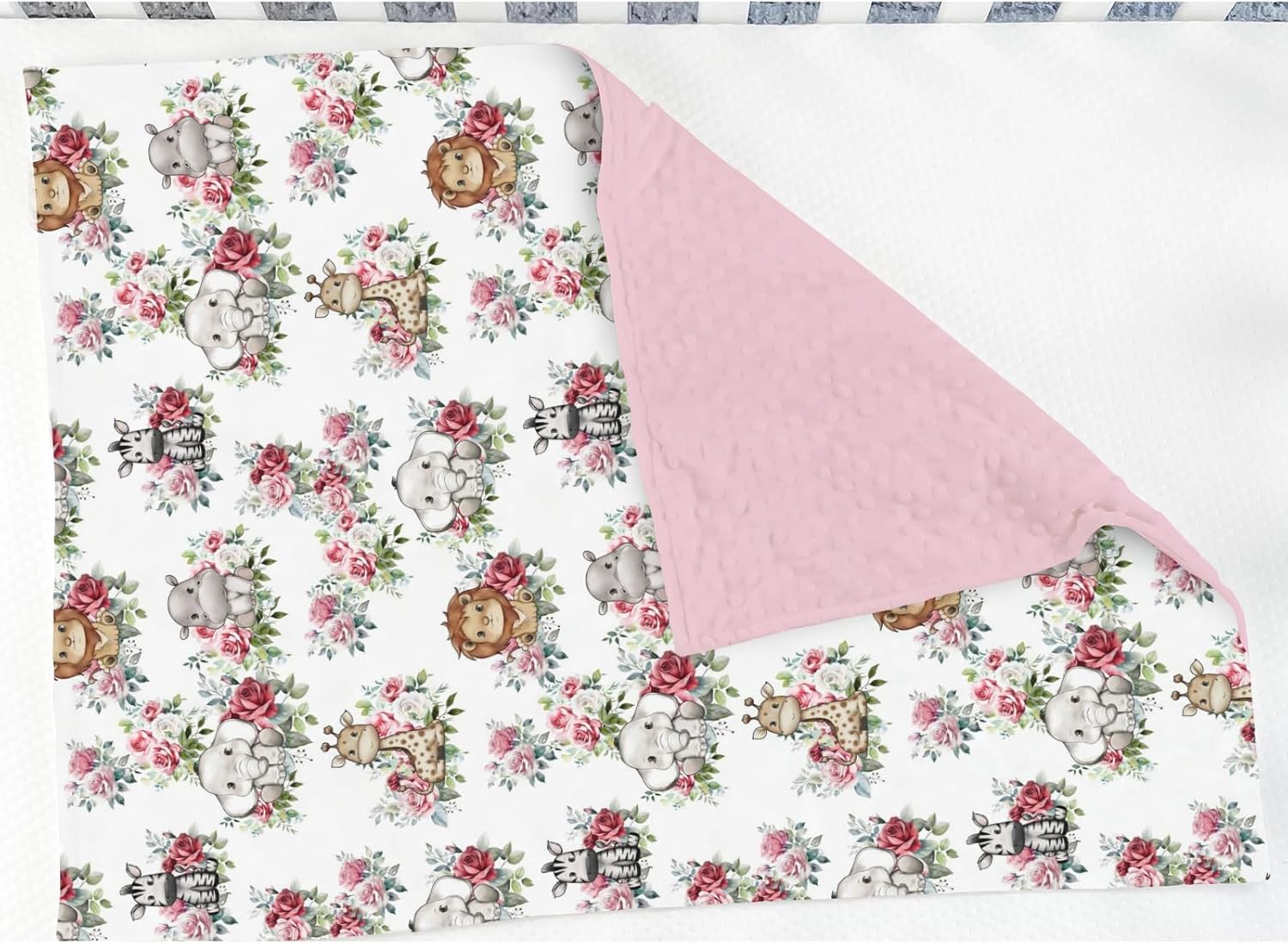 Cute Jungle Safari Animals Roses Leaves Baby Blankets for Girl Boy Lion Giraffe Elephant Zebra Soft Mink Dotted Backing Double Layer Swaddle Blanket Bed Throw for Newborn Infant Toddler Nursery 30x40