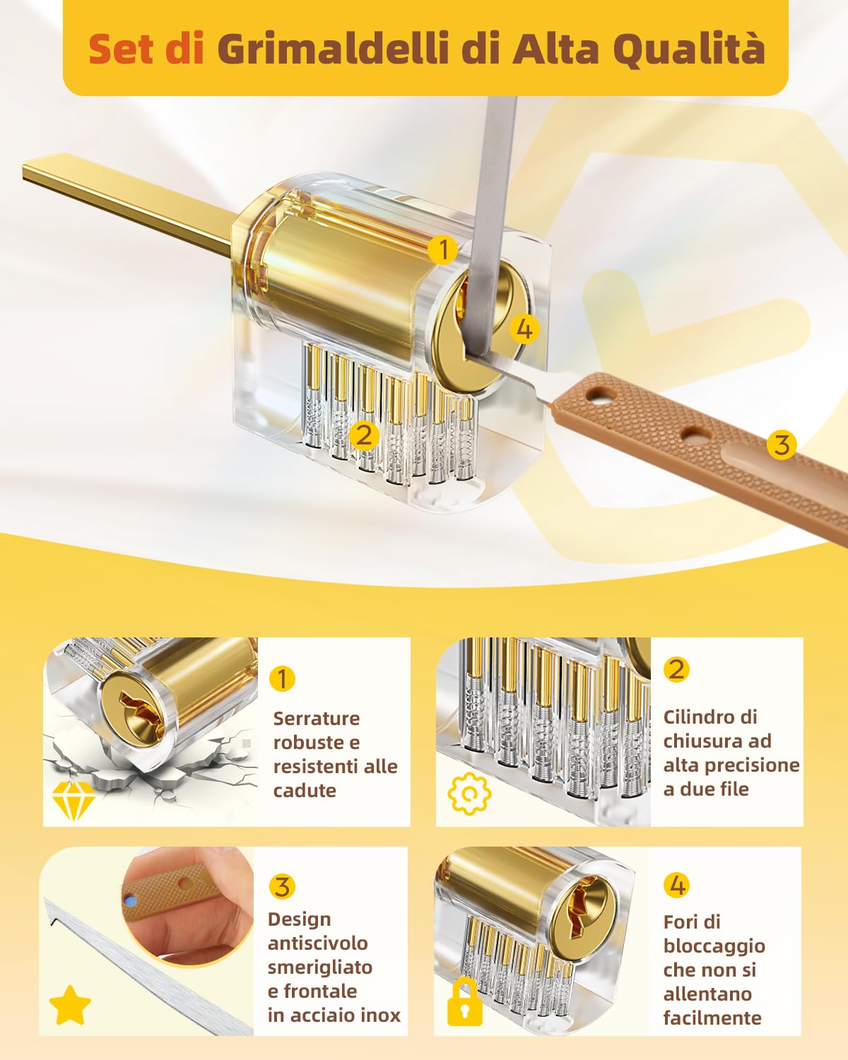 Eventronic 36+5 Pezzi Set Grimaldelli, [2025 Aggiungere Le Nuove Serrature Più Impegnative] Lockpicking Set con 5 Serrature Trasparenti, Manuale di Sblocco per Principianti e Fabbri Professionisti