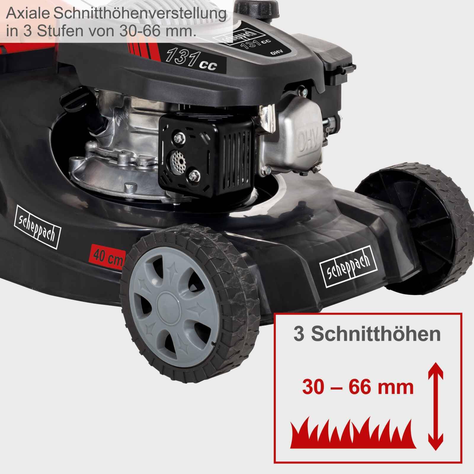 Scheppach MP132-40 Benzin-Rasenmäher - 3,3 PS | 40 cm Schnittbreite | 3-fache Schnitthöhenverstellung | 35 Liter Fangkorb | leicht & platzsparend | große Laufräder | Rasenmäher ohne Antrieb