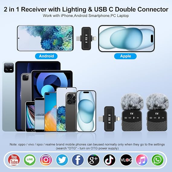 Mini Mic Lavalier Microphone for iPhone/iPad/Android, Mini Microphone Plug Play Professional Noise Reduction, 25 Hours Service Life, Lavalier Wireless Microphone for Videos, Vlog, YouTube, TikTok