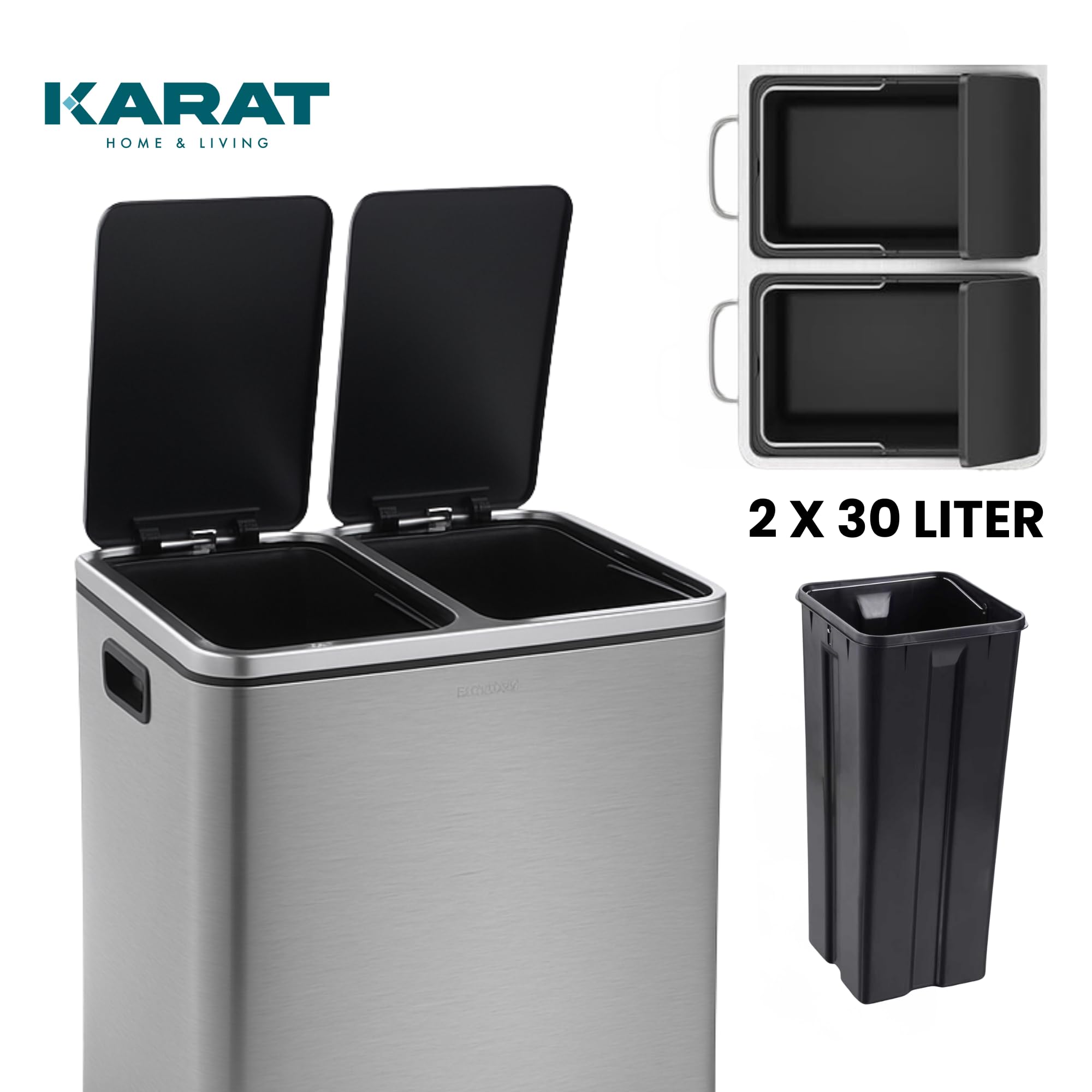 KARAT Mülleimer Küche 2×30L Edelstahl | 2-Fach Mülltrennsystem, Treteimer Küche, Metall, Soft-Close, luftdicht, Kunststoff-Inneneimer, Klappdeckel – (Felix)