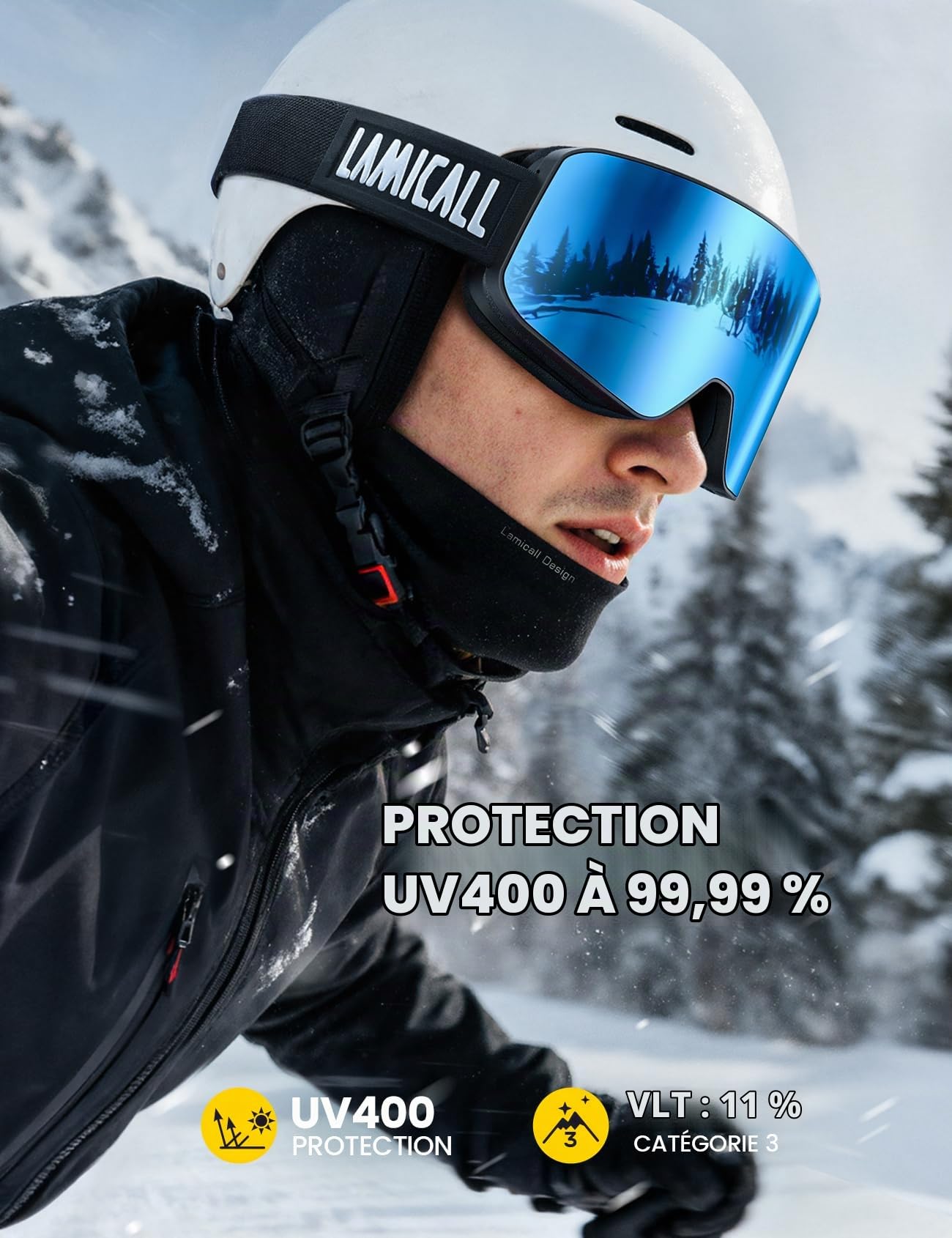 Lamicall Lunettes de Ski Homme, Masque Ski OTG - [Ultra HD & Anti-Buée Breveté] Lunettes Snowboard pour Femme & Homme, UV400 Protection, Sangle Réglable, Ski Goggles Femme pour Sports Hiver