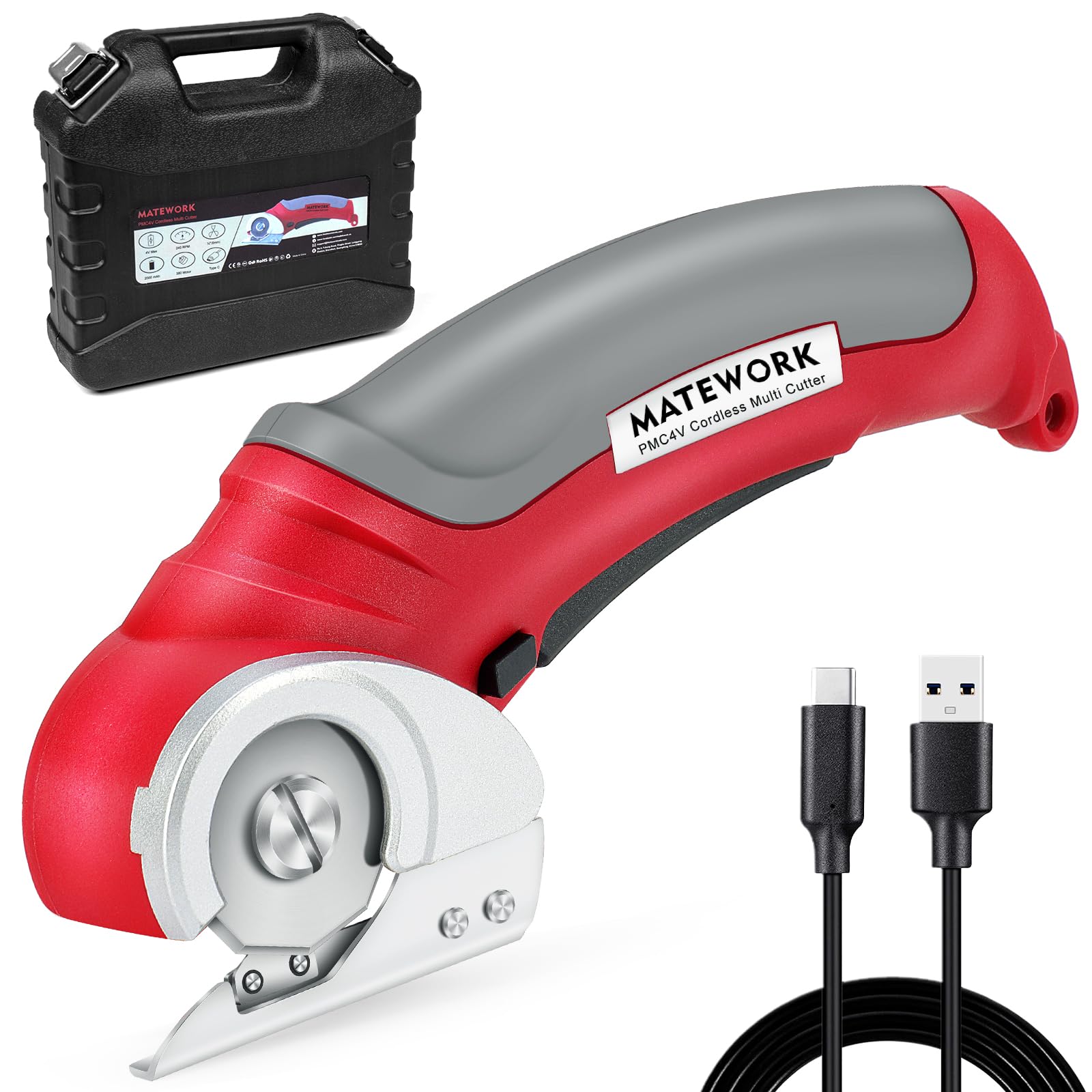 Cordless Electric Scissors, 4V Multi-Cutter with Suitcase, 2000 mAh Cardboard Cutter with Self-sharpening Blade, Power Rotary Scissors for Carpet Leather