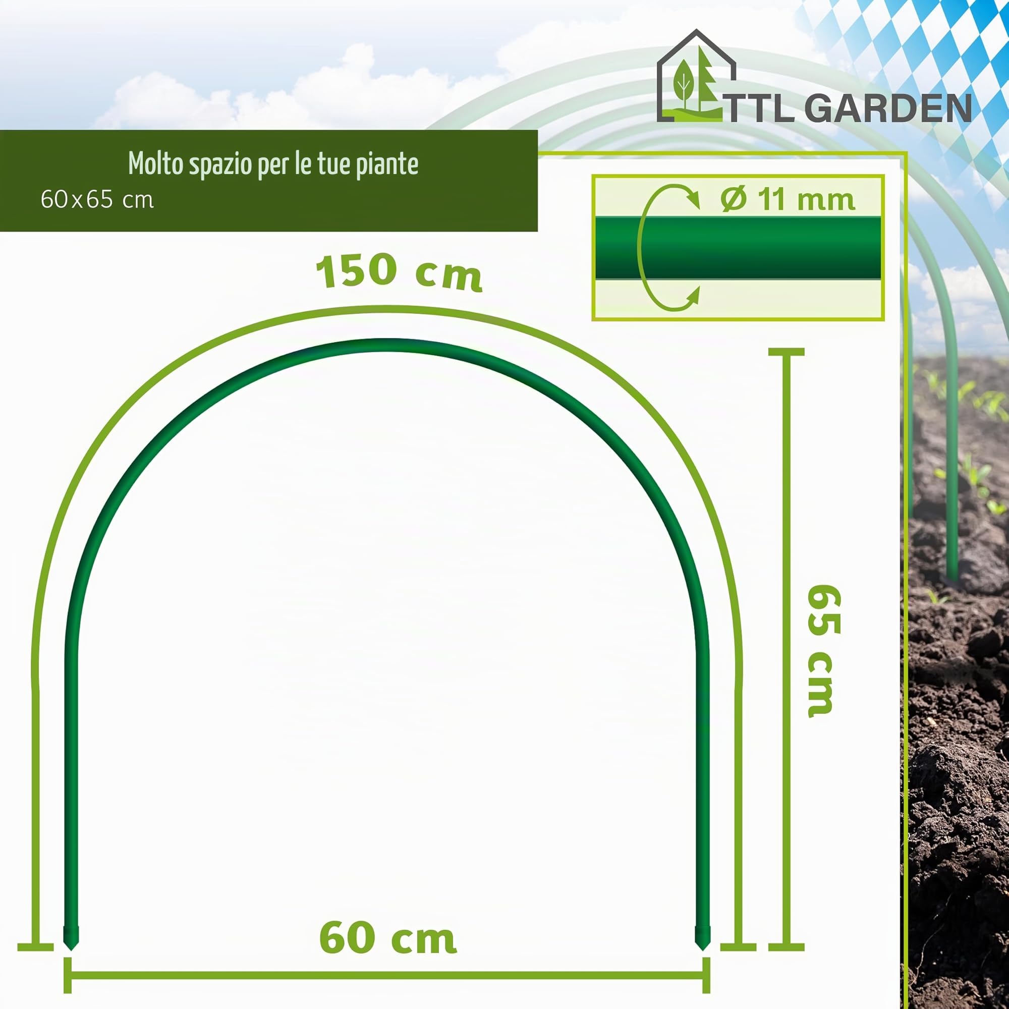 TTL Garden - Set di 12 fogli a tunnel da 65 x 60 cm, in acciaio rivestito, larghezza 65 cm, arco rotondo per copertura, aiuola rialzata, stabile e antiruggine