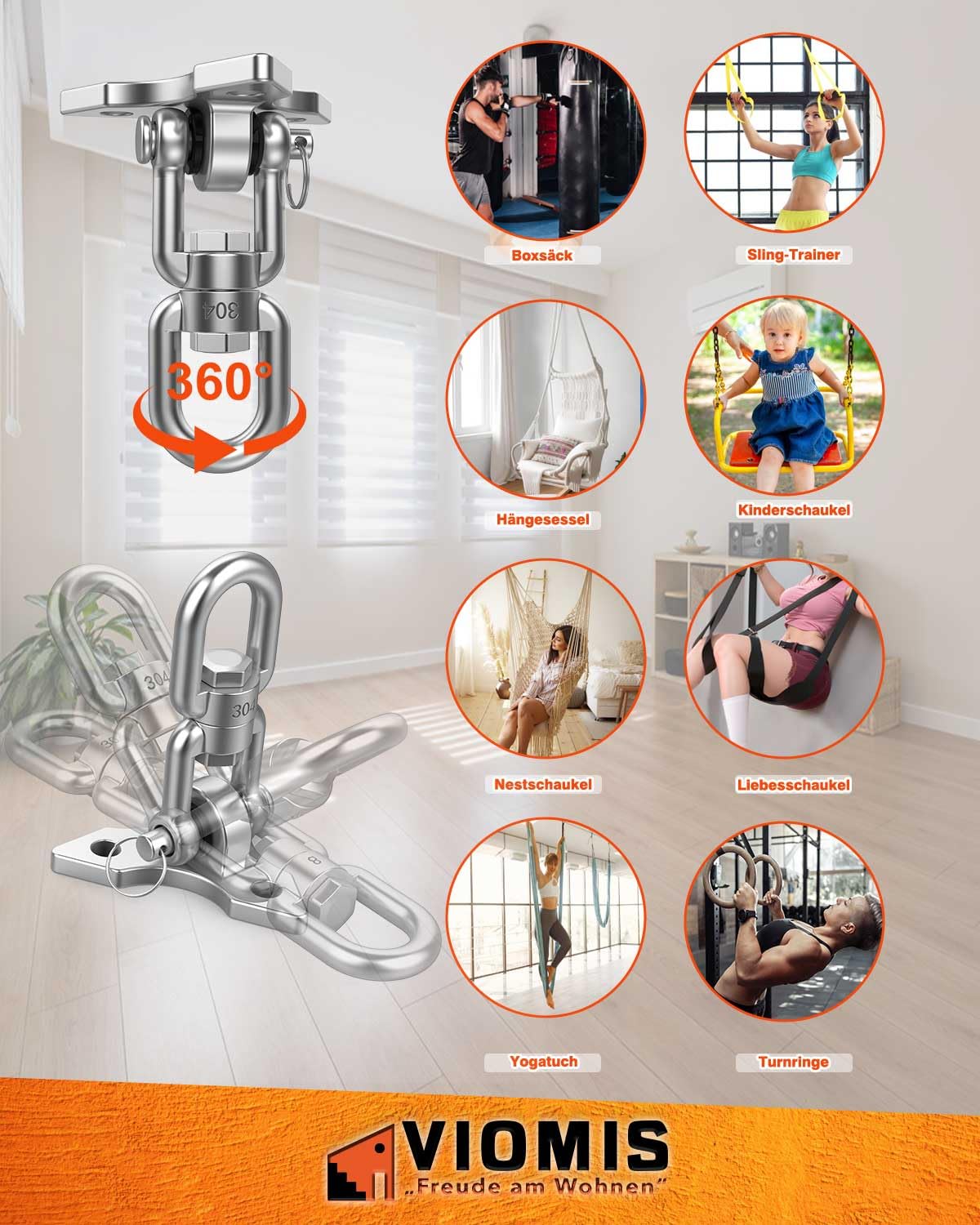 Gancio da soffitto in acciaio inox girevole a 360° – universale per altalene, amache e sacchi da boxe, capacità di carico 450 kg, per interni ed esterni
