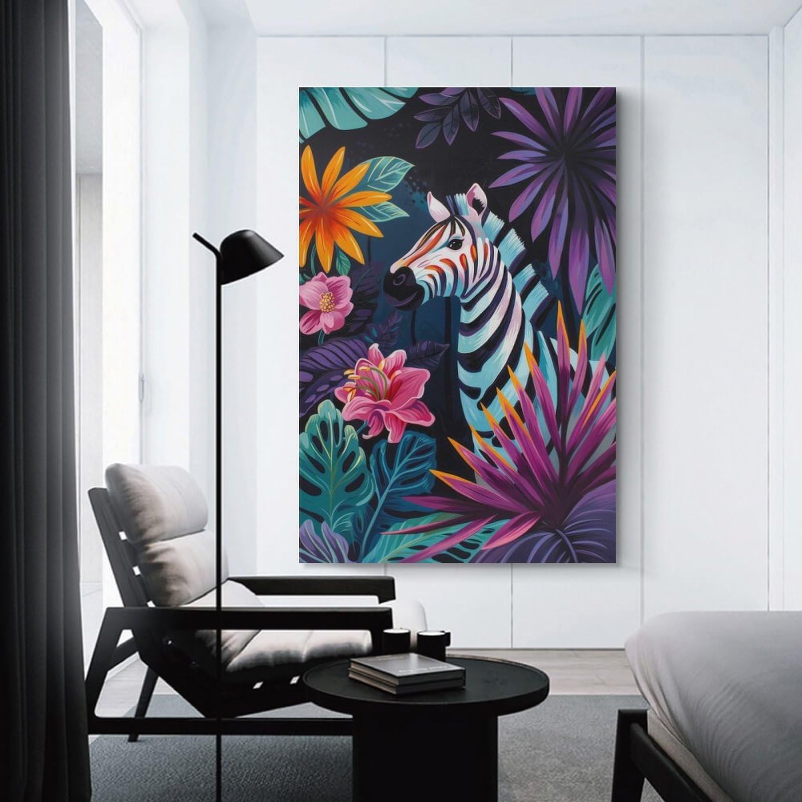 Junmoney Unframe-Style-11 Wall Picture Print Zebra In Tropical Floral Setting, 12X18inch(30X45cm), For Contemporary Homes, Apartments Or Offices, Decorative Canvas Decor For Home Updates