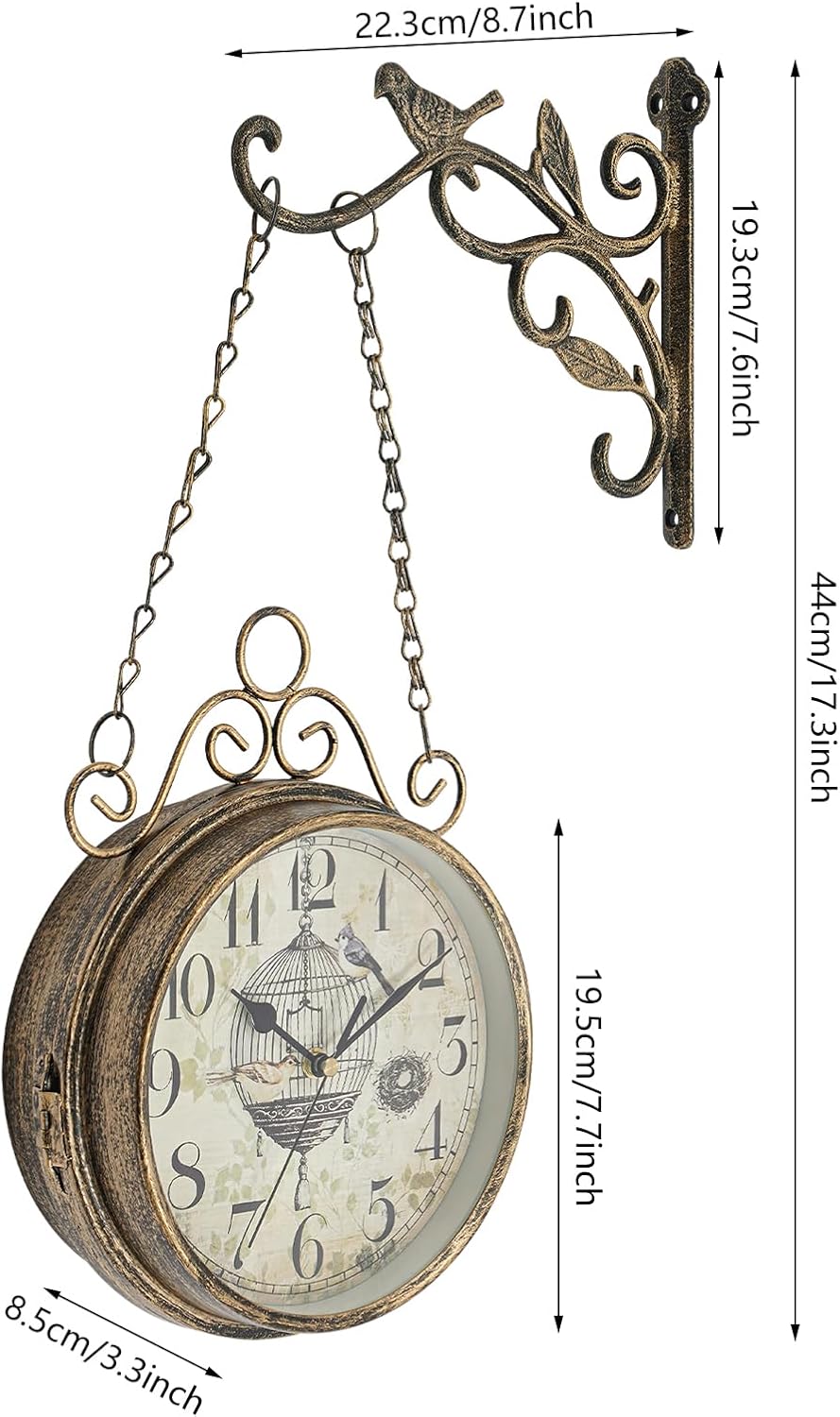 Wall Clock Double Sided 17.72"/45cm Vintage Wrought Iron Wall Clock Hanging Clocks European Style Clocks Decor Patio Garden Home Living Room Bedroom