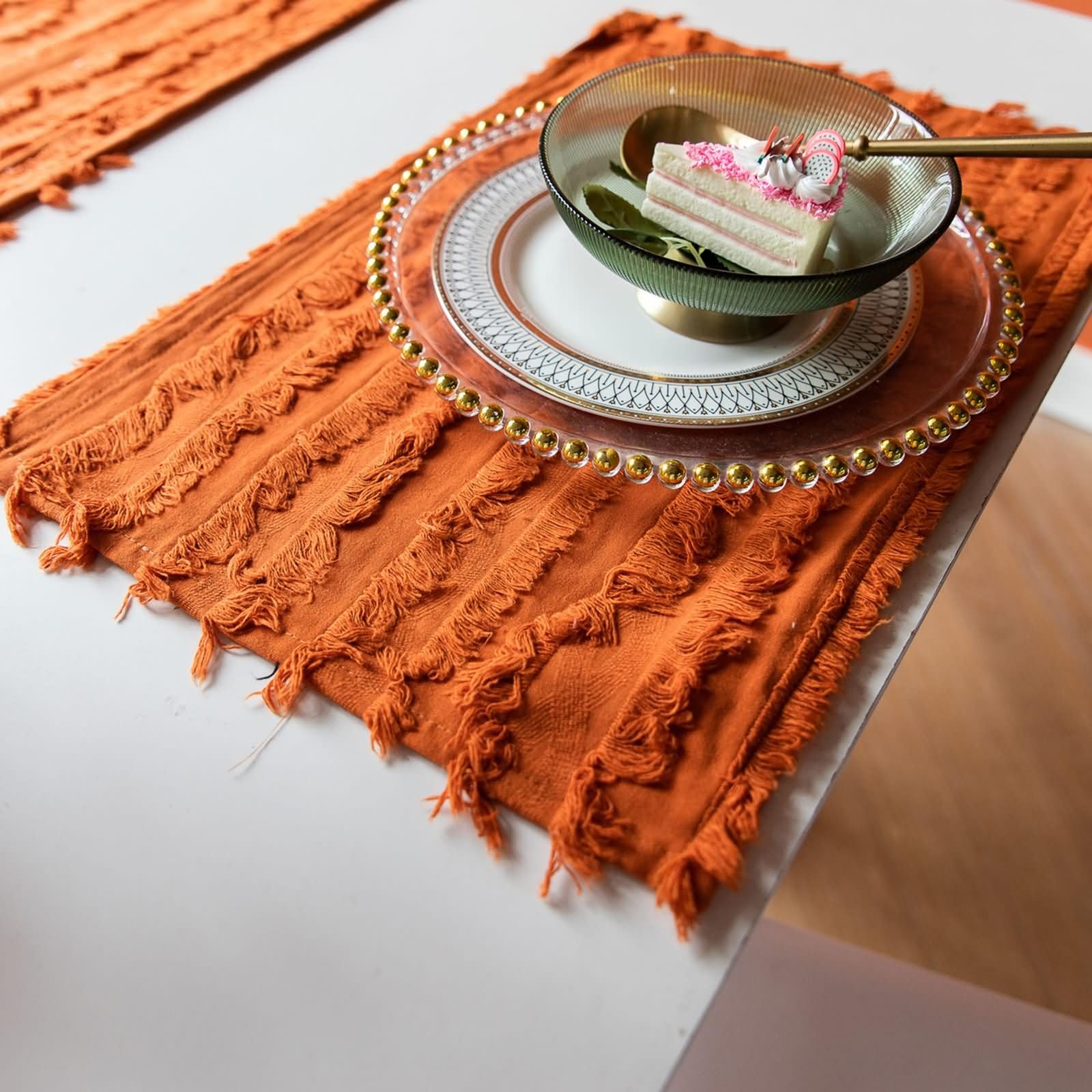 Set de Table Rectangulaire, 30 x 45 CM, 6PCS, Set de Table Coton Lin Rayures Découpées Style Française, Orange