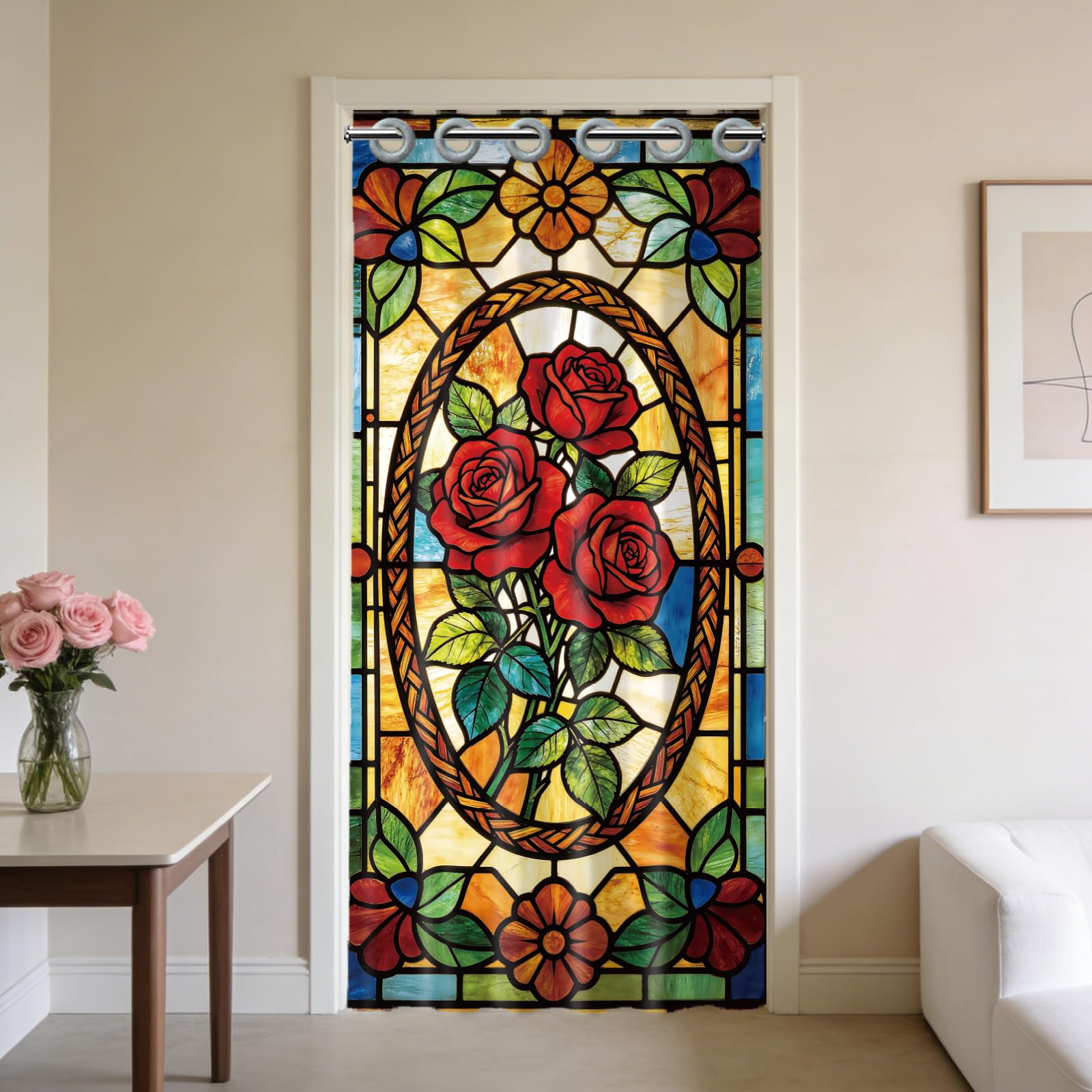 CONCHLERY Colorful Glass Rose Pattern Door Curtain Doorway Curtain Folding Room Divider Curtains for Home Restaurant Door Decor, 78x39 Inch