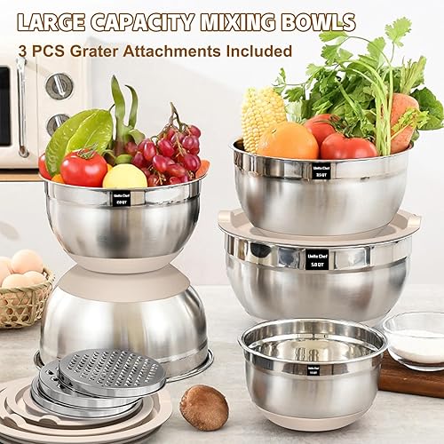 Miniatura 5 de Umite Chef Juego de tazones para mezclar con tapas herméticas, 8 cuencos de acero inoxidable caqui con accesorios para rallador, cuencos de cocina