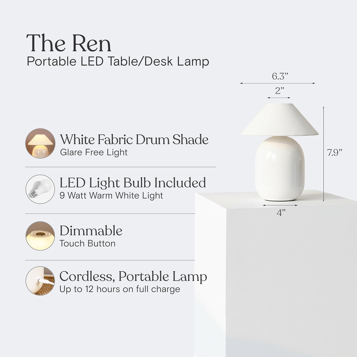 Brightech Ren Cordless Table Lamp - Natural Ceramic Desk Light with Cotton Shade for Bedroom, Living Room, Entryway - Dimmable, Cute Portable Lamp with Touch Switch and Cozy Warm White Light - Cream