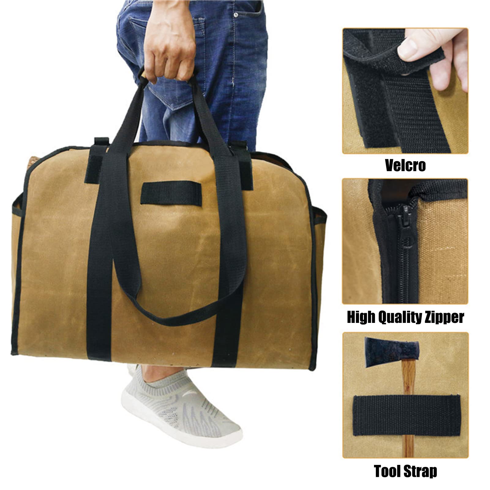 Tela Borsa Tronchi Camino,Borsa Legna da Ardere Impermeabile Borsa Camino Borsa da Trasporto Camino Borsa Porta Legna da Esterni Grande capacità Tela Borsa per Camino Giardino,Cachi,109x48 cm