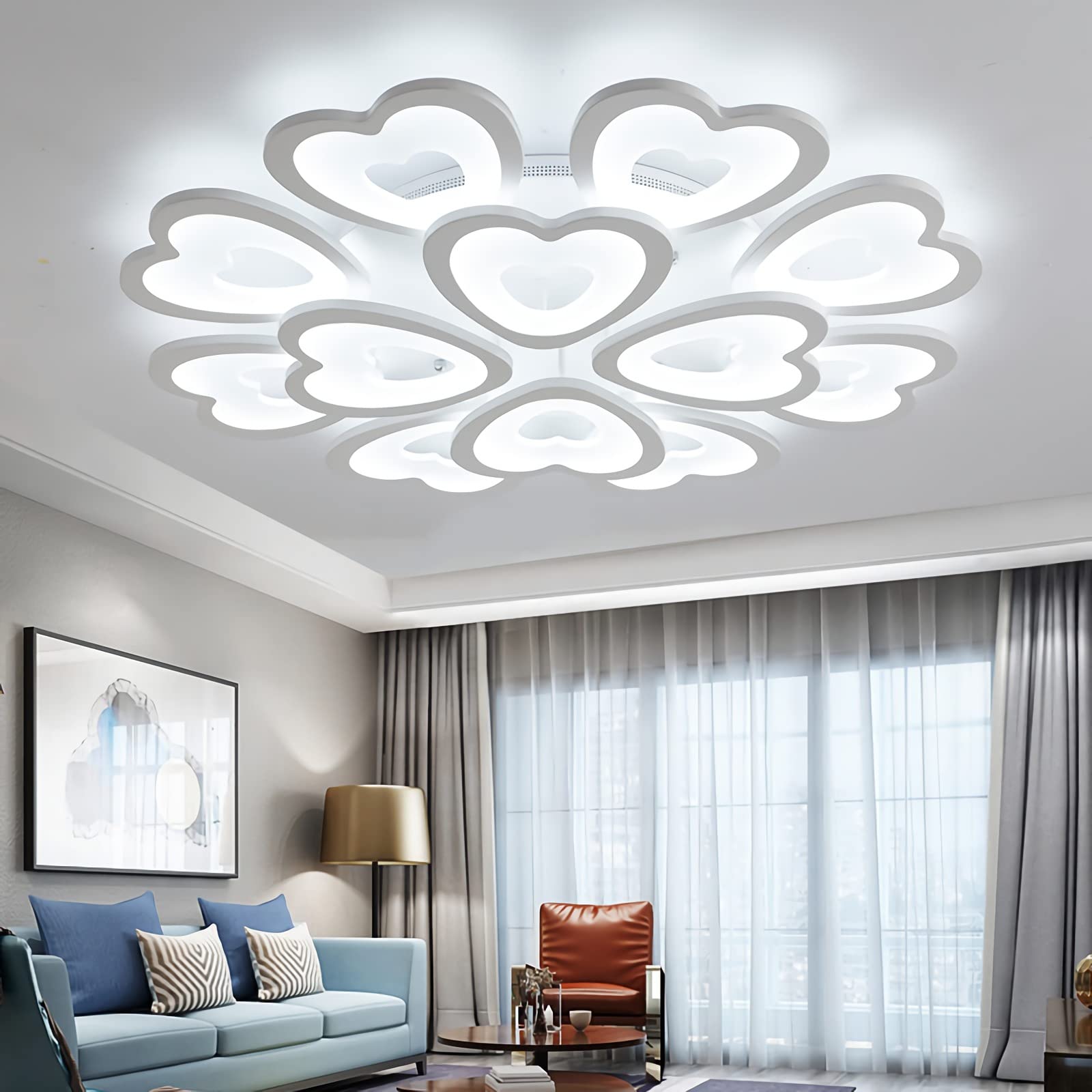 Nowoczesna lampa sufitowa do montażu podtynkowego, ściemniana lampa sufitowa LED w kształcie kwiatu z pilotem, metalowy żyrandol akrylowy do jadalni sypialnia wystrój salonu (biały), miłość 85x12cm