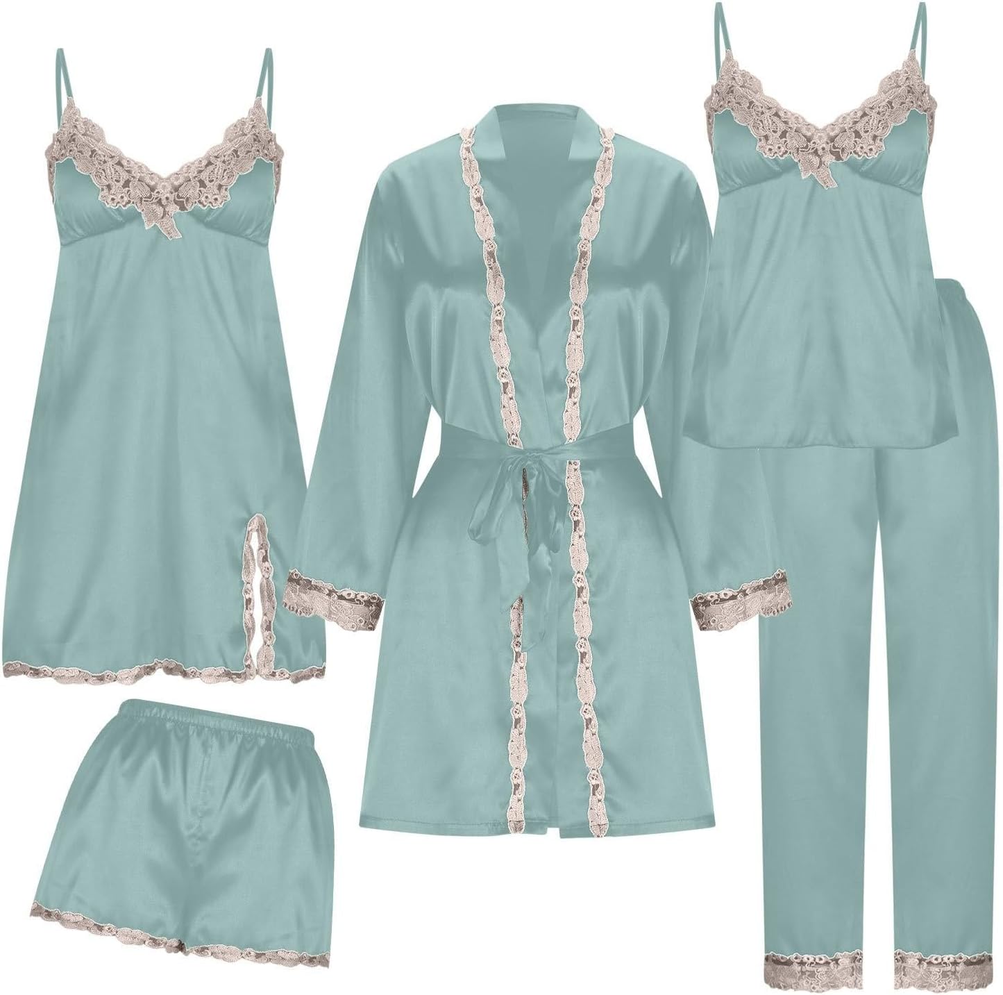 5 Pcs Silk Lingerie Sleepwear for Women Set Lace Hem Robe Dress Short & Pants Cami Tops Comfort Nightgown Pajamas Set