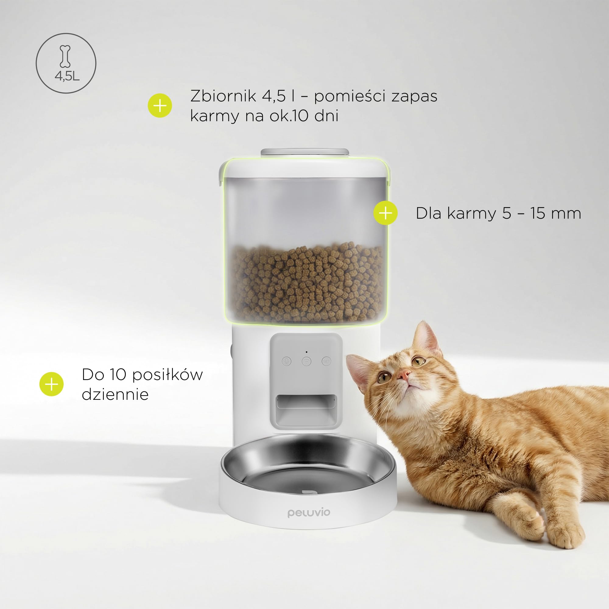 Peluvio Crispy Wi-Fi automatyczny dozownik karmy dla psa z aplikacją Wi-Fi, timerem i nagrywaniem głosu, do 10 posiłków dziennie, pojemnik na suchą karmę 4,5 l, 5-15 mm, 2,5 m kabel zapobiegający