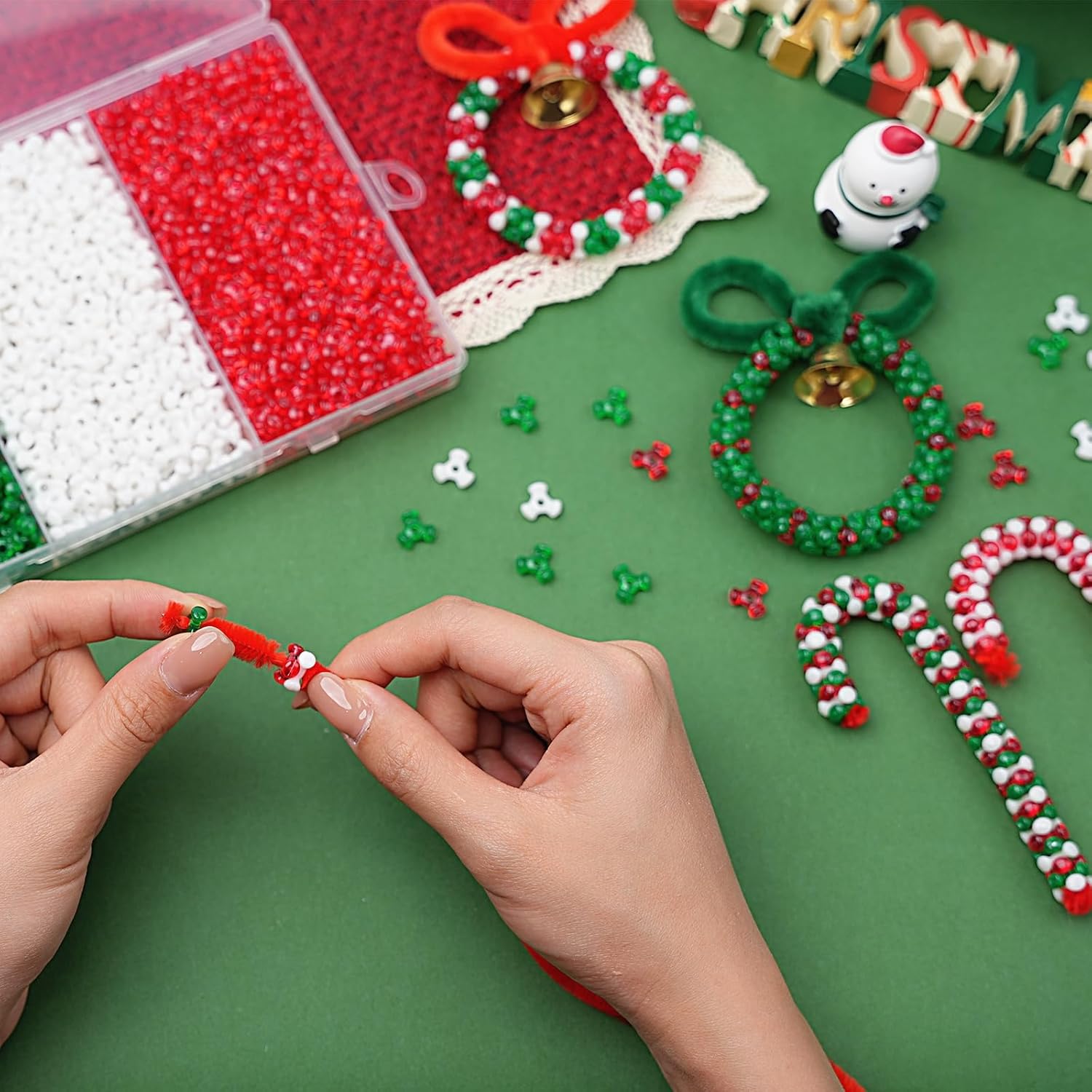 Christmas Tri Beads (1200pcs), Tri Shaped Beads Red Green White Triangle Beaded kit for Craft Wreath Xmas Holiday Tree Snowman Decorations, Candy Cane Beaded Ornament Kit, Christmas Party Decoration - Image 4