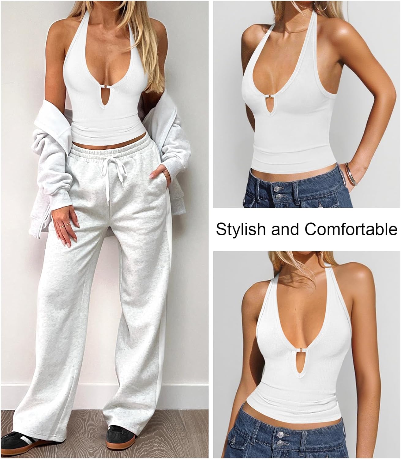 Womens Sexy Deep V Neck Halter Tops for Women Ribbed Racerback Tank Slim Fit Trendy Y2k Summer Going Out Sleeveless Top - Image 2