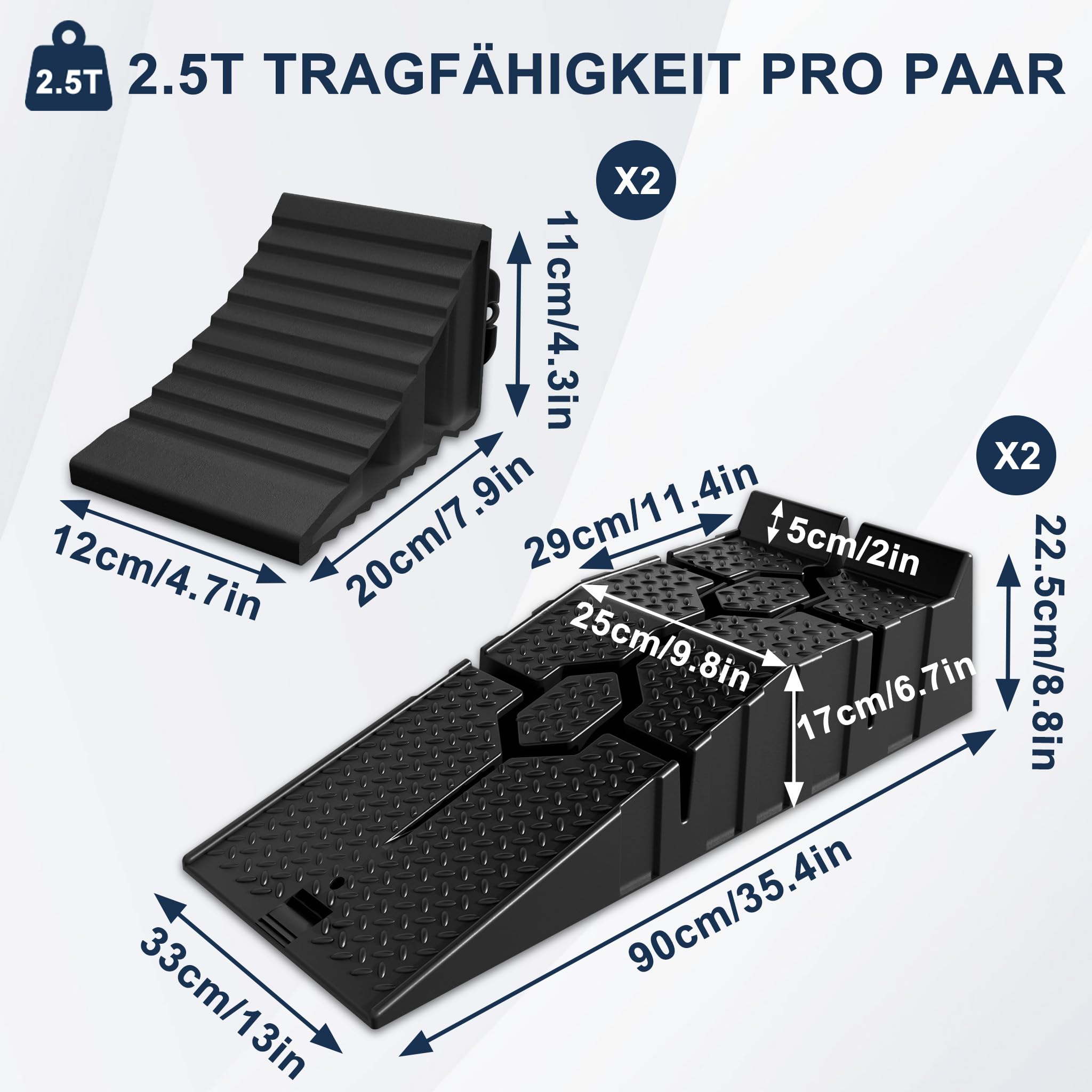Aufun Auffahrrampe PKW 2er Set, Einzelne Rampe bis 2,5 T, Hochbelastbare Auto Rampe rutschfest für Wohnmobil, Anhänger, Garage, Werkstatt, Ölwechsel und Reparatur, Mit 2pcs Schwarz Unterlegkeil