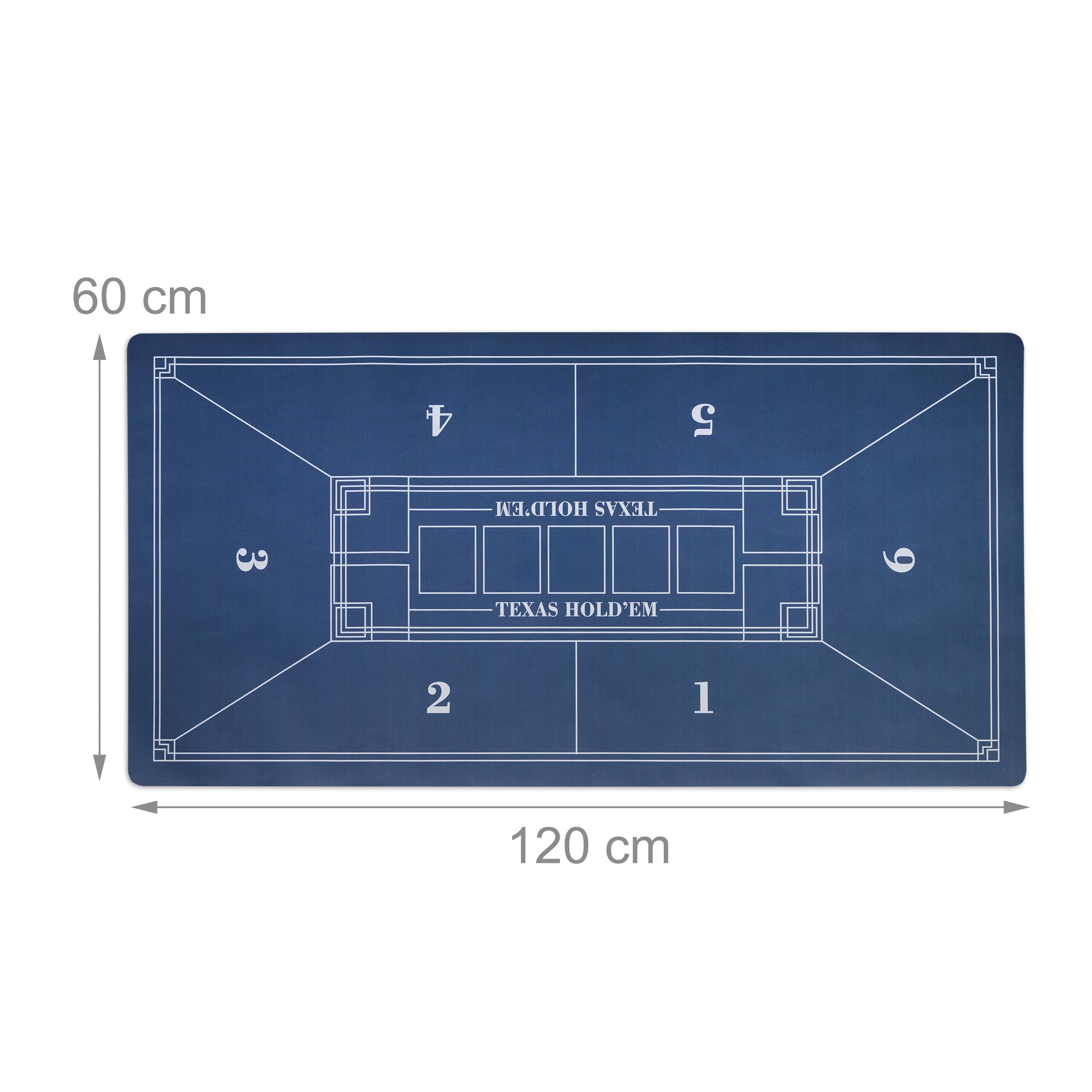 Relaxdays Tapete Póquer, 120 x 60 cm, Mantel Poker Texas Hold'em, Alfombrilla Antideslizante, Bolsa, 6 Jugadores, Azul