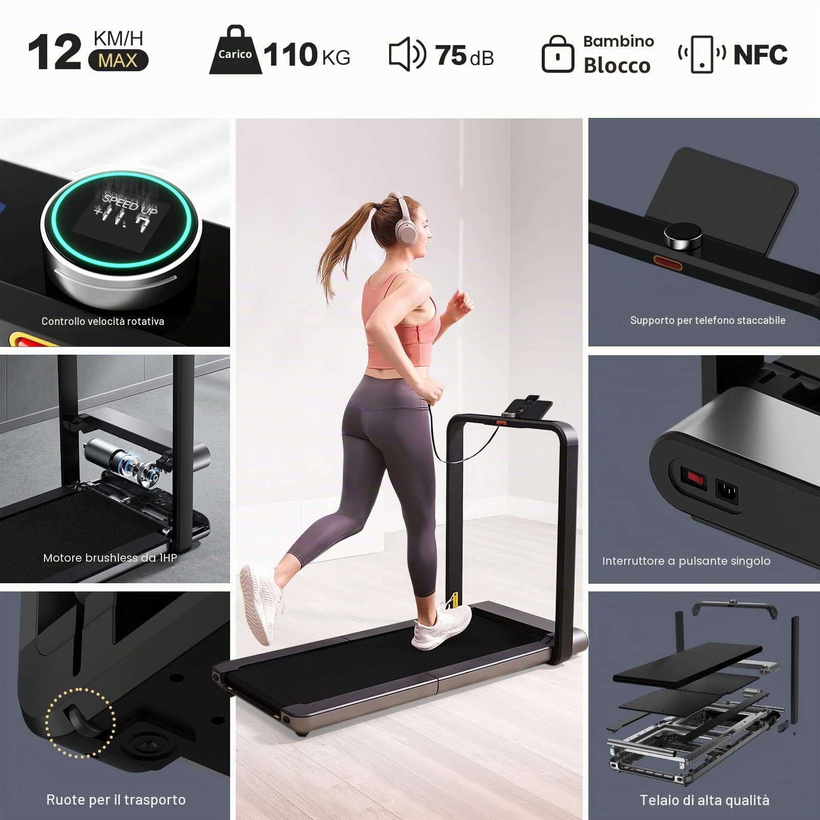 WalkingPad X21 Tapis Roulant Elettrico Pieghevole, Doppio Pieghevole, 12 km/h, Display LED Multifunzione, Salvaspazio, Nessun Montaggio Richiesto, Ruote