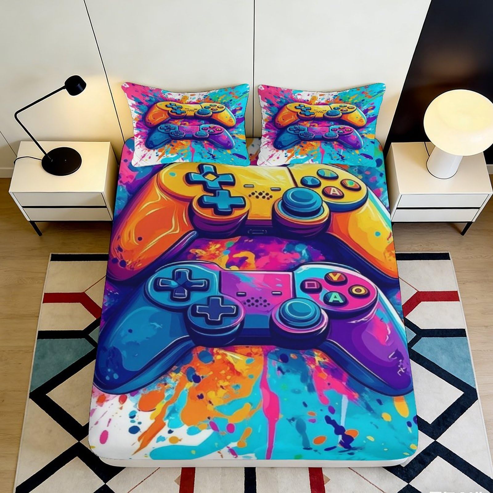 3D Printed Colorful Gamepad Fitted Sheet Microfiber Soft Breathable Graffiti Controller Mattress Cover for Bedroom Dorm Decor 90x200x25cm