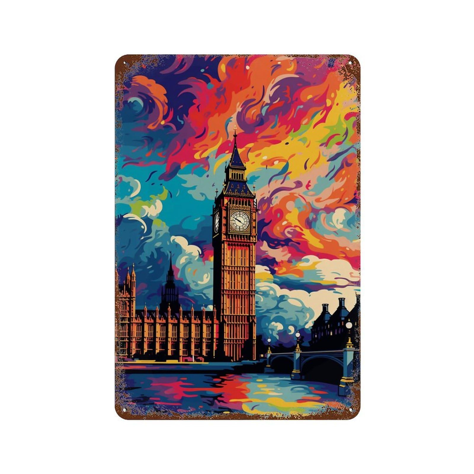 London Skyline with Big Ben -3 Weathered Tin Sign 11.8"x7.9", Rustic Home Decor for Office, Studio And Wall Decor