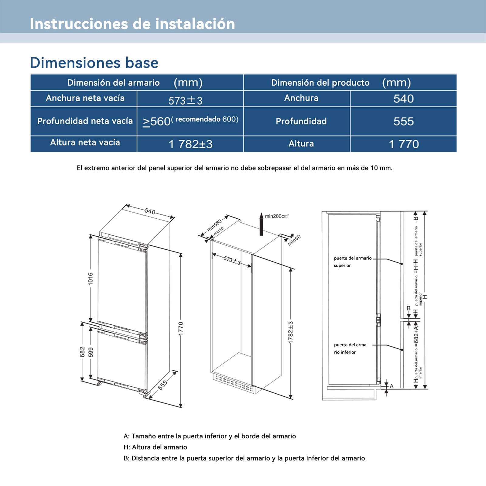 Frigorífico Combi No Frost, Frigorifico Integrable | 177 cm | 248 L (186 L Refrigeración / 62 L Congelación) | Compresor Inverter | Puerta Invertible | Control Electrónico | Refrigeración Rápida