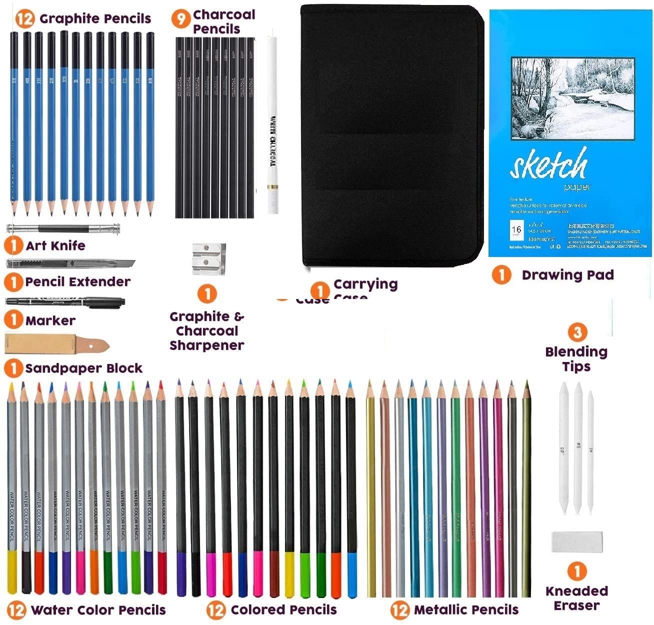 Corslet 73-teiliges Set mit Bleistift, Künstler-Zeichenset, Skizzen-Set mit Graphitkohle, Aquarell und metallischen Buntstiften, Skizzenbuch und Kunstbedarf für