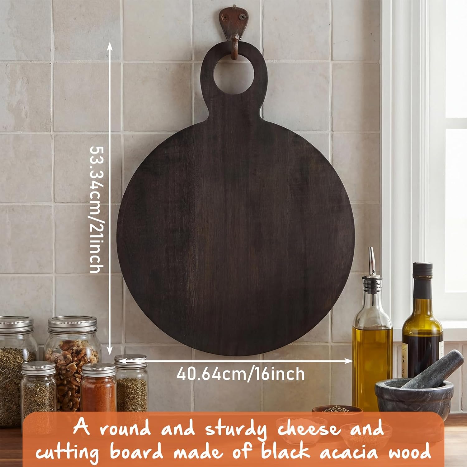 1 Pcs Acacia Wood Cutting Board with Handle 21'' Circle Charcuterie Chopping Board for Pizza Cheese Meat Decorative Black Wooden Serving Tray for Kitchen and Dining Room
