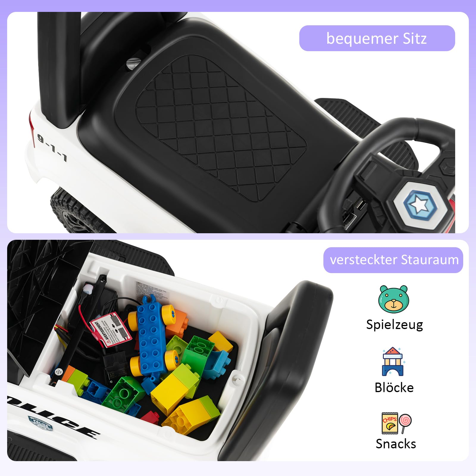 COSTWAY Polizei Elektroauto für Kinder, 6V Elektrisches Kinderauto mit Stauraum & Megafon & Warnlicht & Hupe & Fußpedalen, Elektro Auto für Kinder ab 18 Monaten (Weiß)