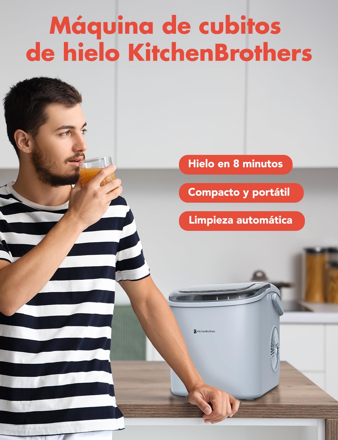 KitchenBrothers maquina de Hielo - Ice Maker - Maquina de Hacer Hielo - Máquina para Hacer Cubitos de Hielo con Pala para Hielo - 9 Cubitos de Hielo en 8 Min. - Portátil con Asa - 1,2L
