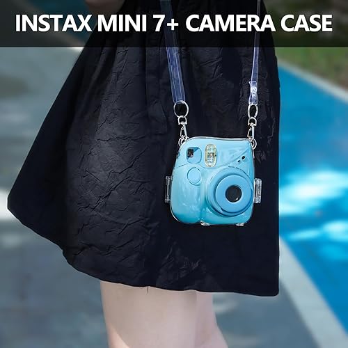 Miniatura 3 de CAIYOULE Funda transparente para cámara Fujifilm Instax Mini 7+ con bolsillo trasero de almacenamiento de fotos, espejo selfie, calcomanías y correa