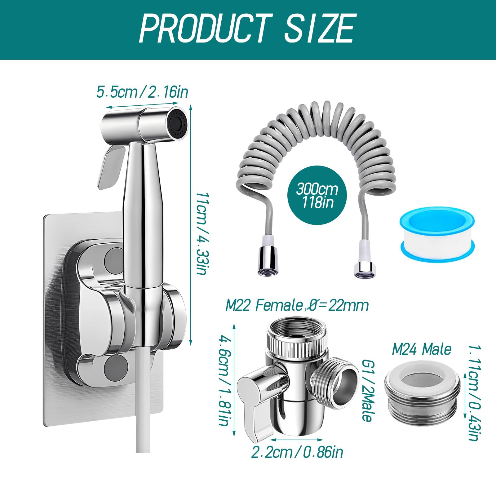 Toiletsproeier, handdouche, bidet van roestvrij staal, met 3-weg ventiel (1/ 2-3/8 inch), perfect voor persoonlijke hygiëne, reinigingsverzorging
