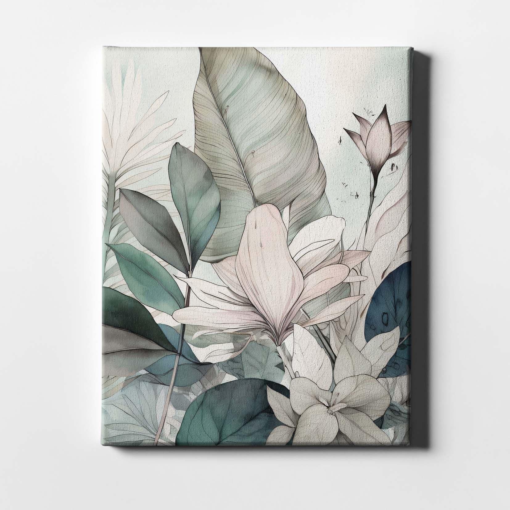 Spiffing Prints Whispering Botanicals No.4 – Impression botanique avec feuilles vertes et fleurs blush – Grand format – Encadré