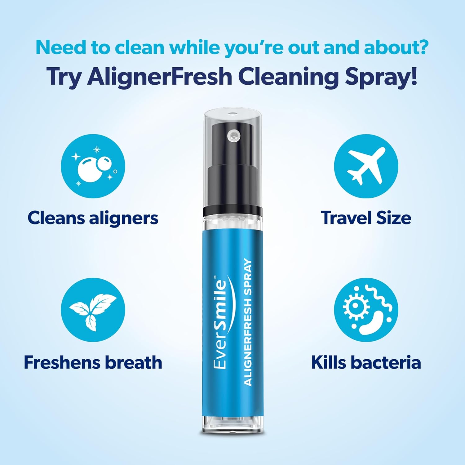 EverSmile AlignerFresh Cleaning Spray for Invisalign and All Clear Aligners and Retainers – On-the-Go Cleaning & Teeth Whitening, Kills Bacteria, Fights Bad Breath – Mint Flavor, 10ml (6 Pack)