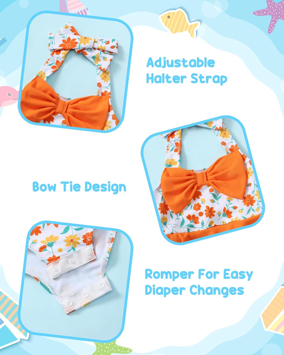 Kucnuzki Baby Girl Swimsuit Newborn One Piece Bathing Suit Bow Tie Bikini Tankini Infant Swimwear with Hat - Image 4