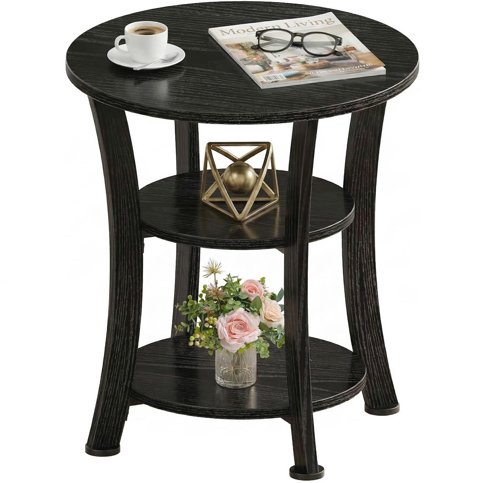Yuede Round End Table, 3 Tier Side Table with Storage, 50 CM Farmhouse Wood Side Table, Vintage Sofa Bedside Table Coffee Table for Bedroom Living Room, Sturdy 4-Leg Design (Black)