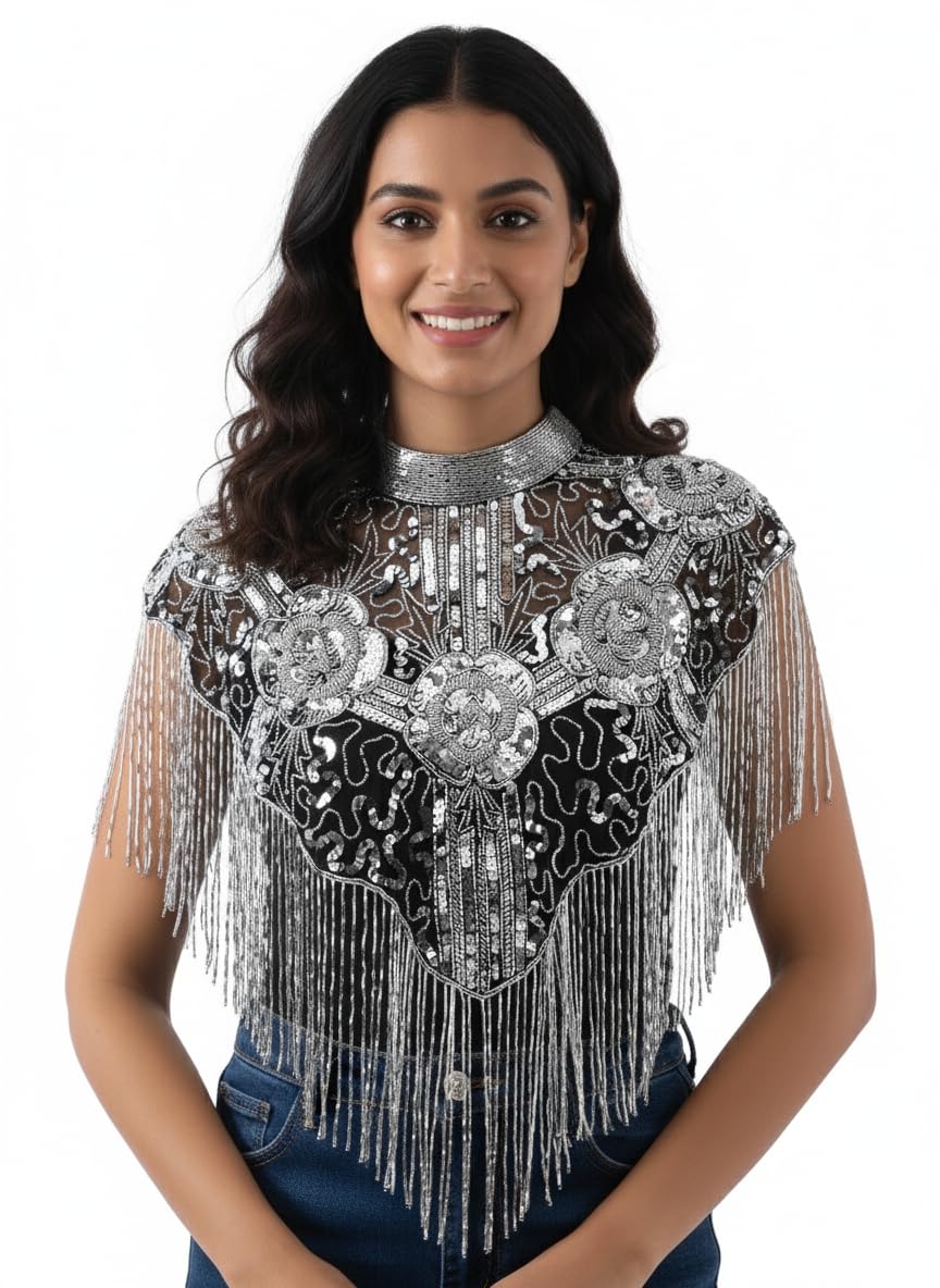 Liva Women's Embroidered Cape Shrug, Black with Silver Beaded Fringe, Net Material, Free Size, Lightweight, Round Neck-picture-46