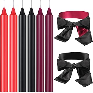 8 Pcs Low Temperature Candles Silk Blindfold Romantic Long Thin Drip Wax Play Candles Satin Eye Mask Sleeping Covers Blindfolds for Couple(Black and Red, Black)