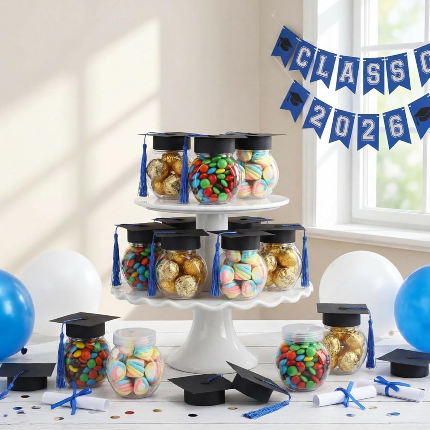 Teenyyou 24 Pcs Blue 2026 Graduation Cap Candy Jars Graduation Party Favors Candy Containers Bulk Grad Cap Box Jars Container with Tassels for DIY Table Party Supply Gifts