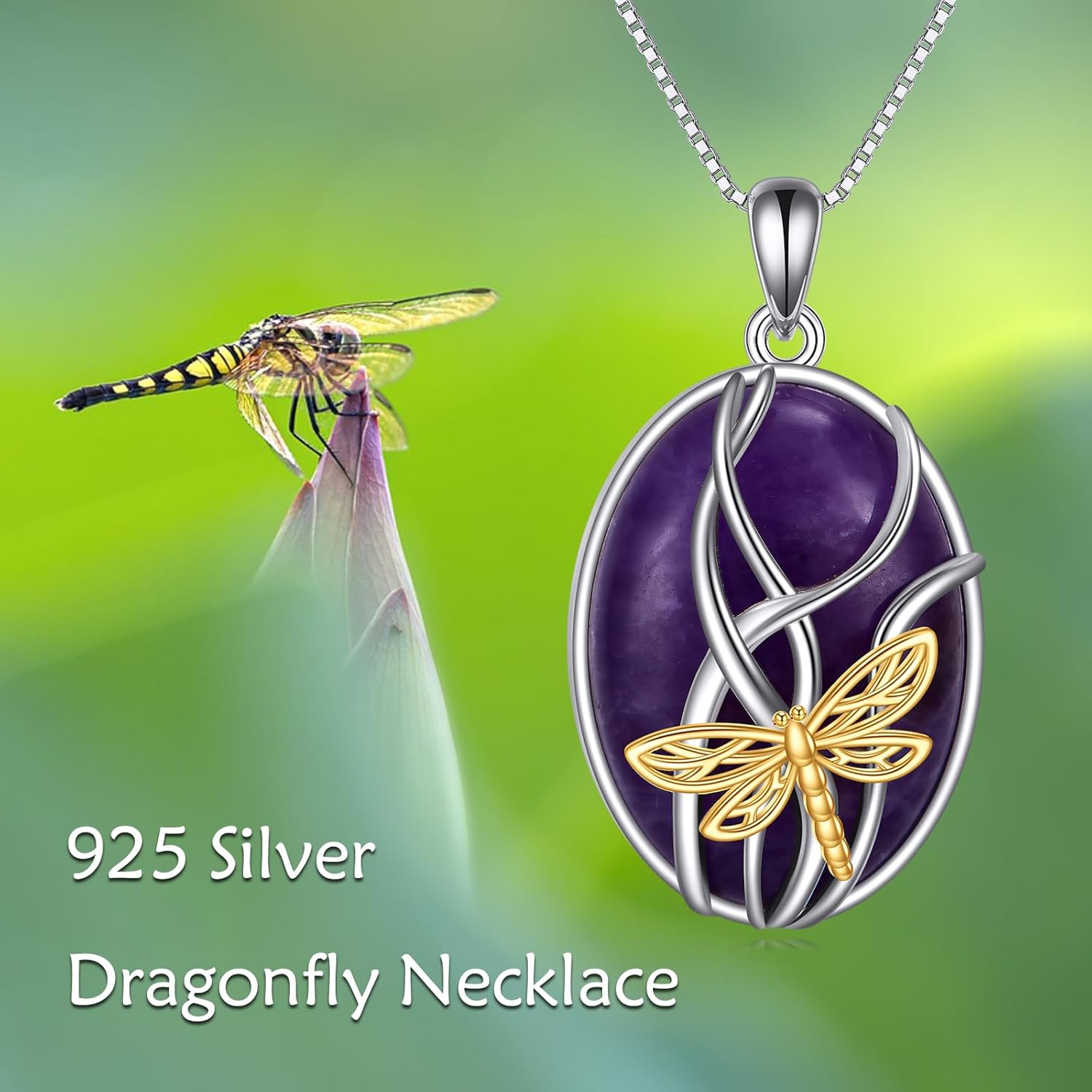 AXELUNA Dragonfly Necklace Sterling Silver Amethyst Stone Dragonfly Pendant Necklace Jewelry for Women