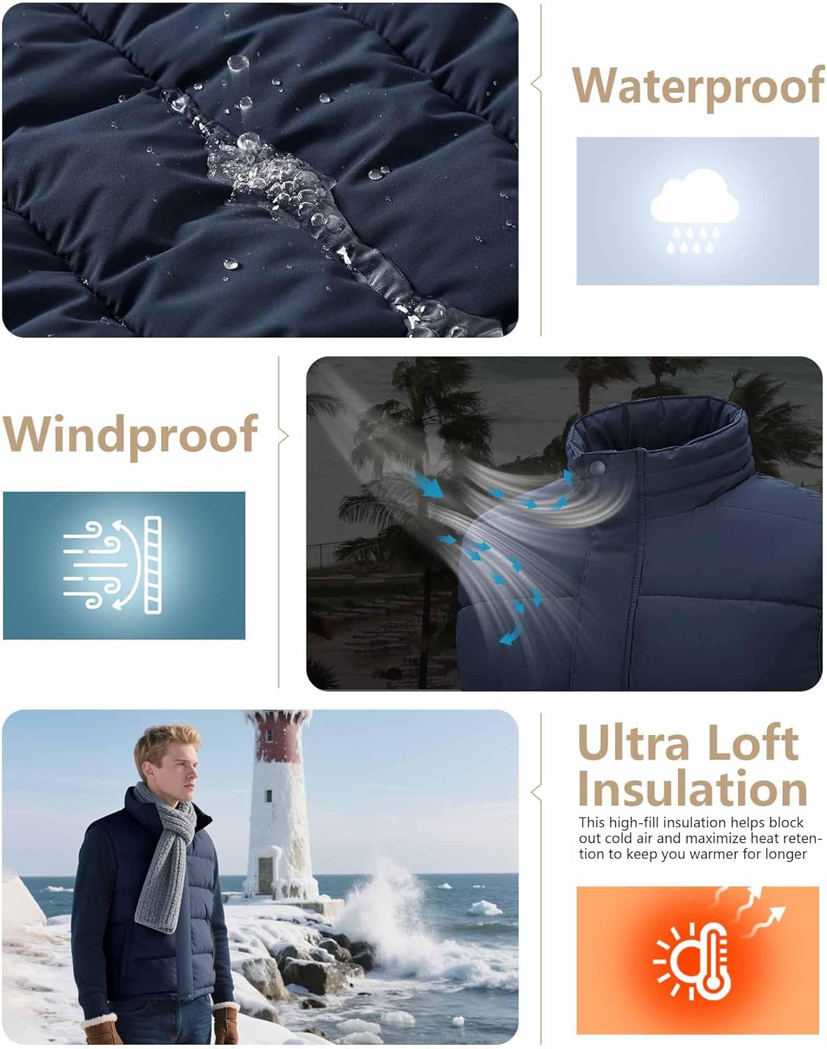 33,000ft Men's Puffer Vest Outerwear Winter Warm Padded Outdoor Casual Thick Insulated Quilted Sleeveless Jacket - Image 3