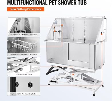VEVOR 50 Pet Dog Bathing Station Electric Height Adjustment, Professional Stainless Steel Dog Grooming Tub w/Soap Box, Faucet,Rich Accessory,Bathtub for Multiple Pets, Washing Sink for Home(Right)