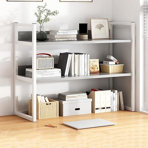 Miniatura 2 de FPIGSHS Estantería de escritorio para escritorio de computadora estantería de escritorio ajustable de 2 niveles soporte de impresora de madera y